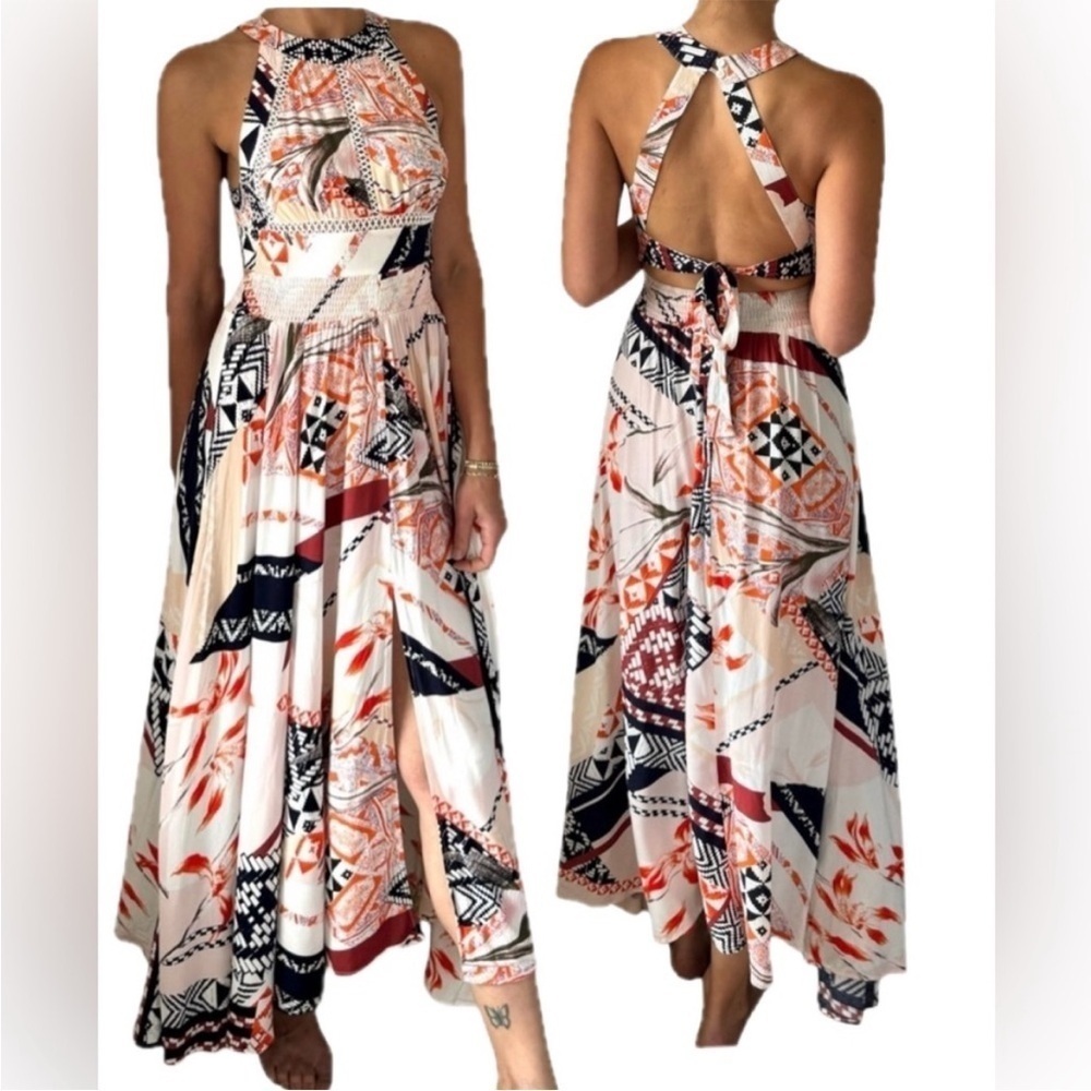 [S]ATL Abel The Label Aztec Geo Print Maxi Dress Slit Open Back Boho